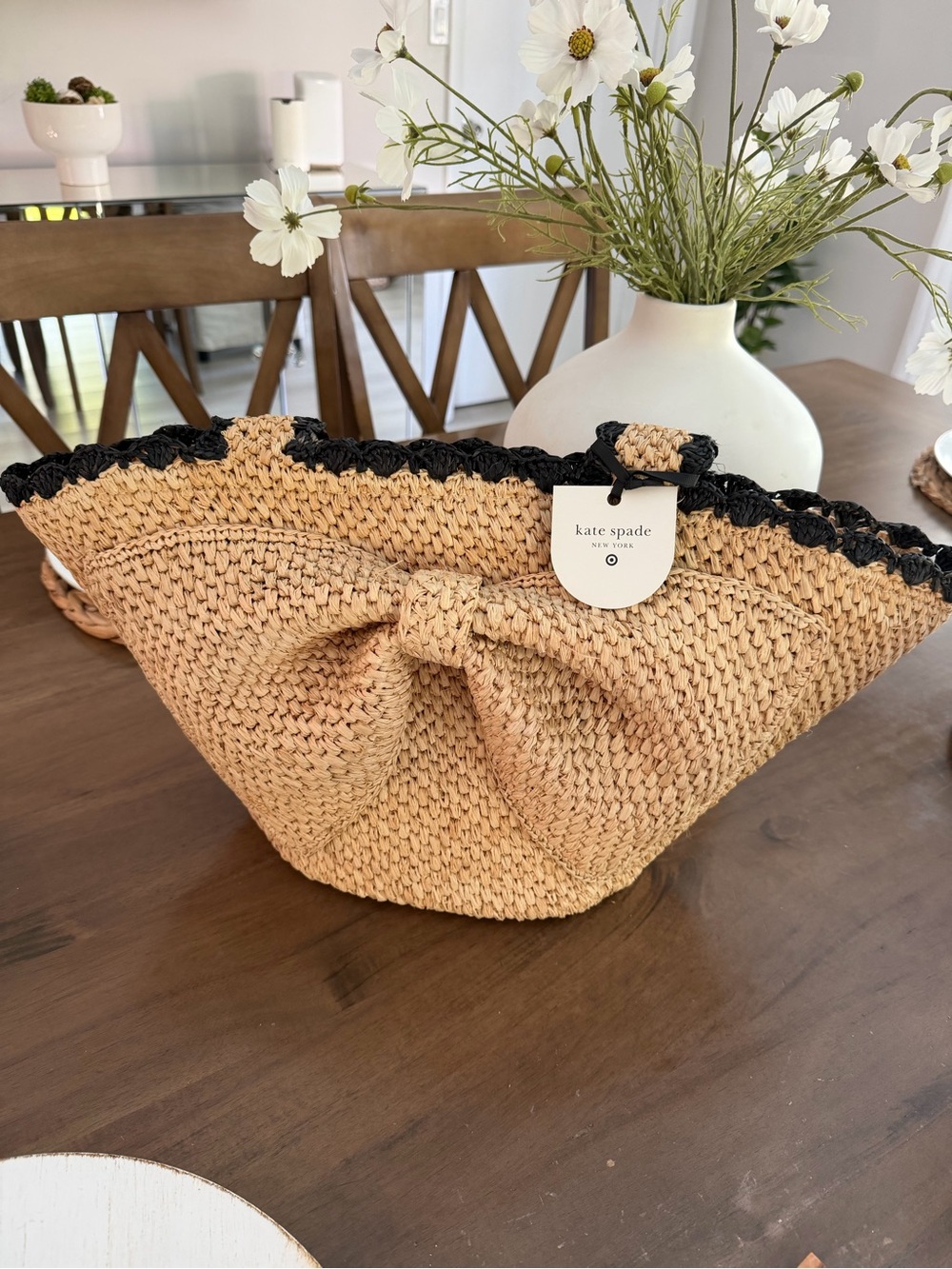 kate spade Natural Straw Tote with Black Trim and Front Bow
